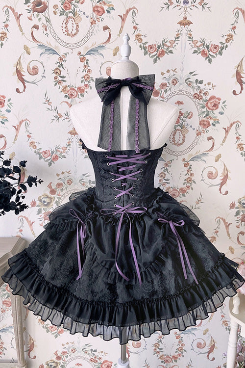 BXOXO - Black Purple Tube Top Sleeveless Blowknot Ruffled Gothic Lolita Tiered Dress