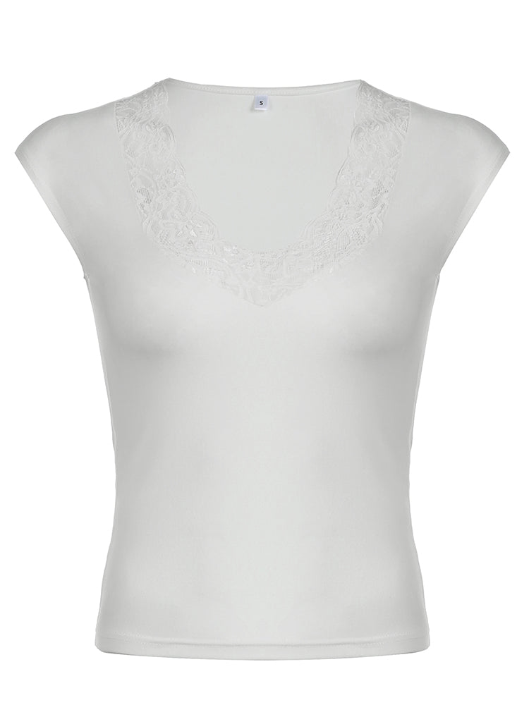 BXOXO - summer inspo Lace Patchwork V Neck Elegant Sexy White T-Shirt Women Summer Short Sleeve Spring Fashion Solid Basic Simple Slim Tops