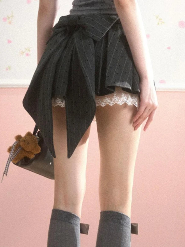 BXOXO Sweet Bow Pleated Skirt Women Kawaii Lace Patchwork Mini Skirts Lolita Japanese Style Cute Gray Dot Print Short Skirts