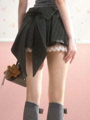 BXOXO Sweet Bow Pleated Skirt Women Kawaii Lace Patchwork Mini Skirts Lolita Japanese Style Cute Gray Dot Print Short Skirts
