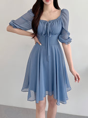 BXOXO Solid Color Square Neck Dress, Elegant Short Sleeve Tie Waist A-line Flowy Dress for Spring & Summer, Women's Clothing