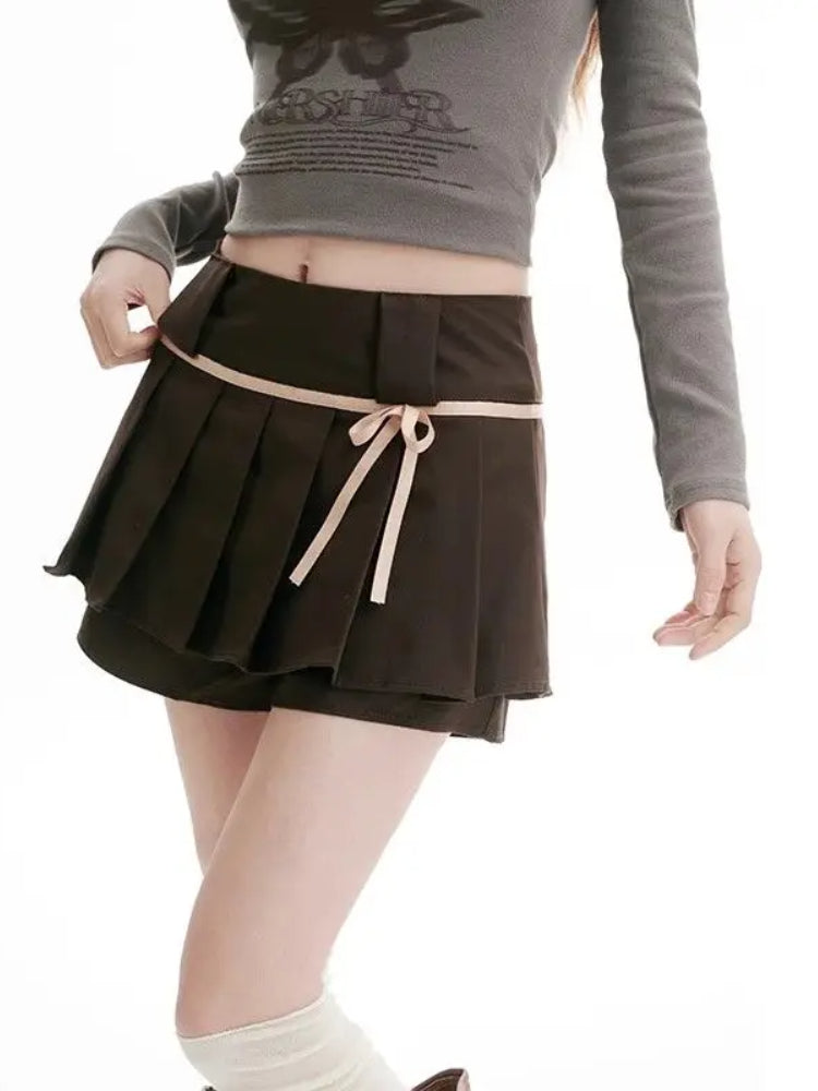 BXOXO Sweet Y2k Bow Pleated Skirts Women Coquette Brown Skirt Shorts Kawaii Vintage A-line Solid Mini Skirts Aesthetics Sexy