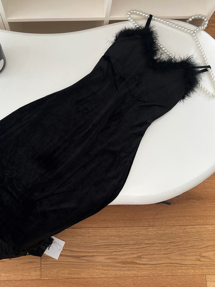 BXOXO - summer inspo French Style Elegant Velvet Suspender Dress For Women's Autumn New Black Temperament Fishtail Evening Dress