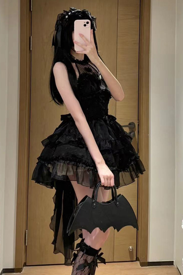 BXOXO Black Halterneck Triple-Layered Bowknot Lace Gothic Lolita Jsk Dress