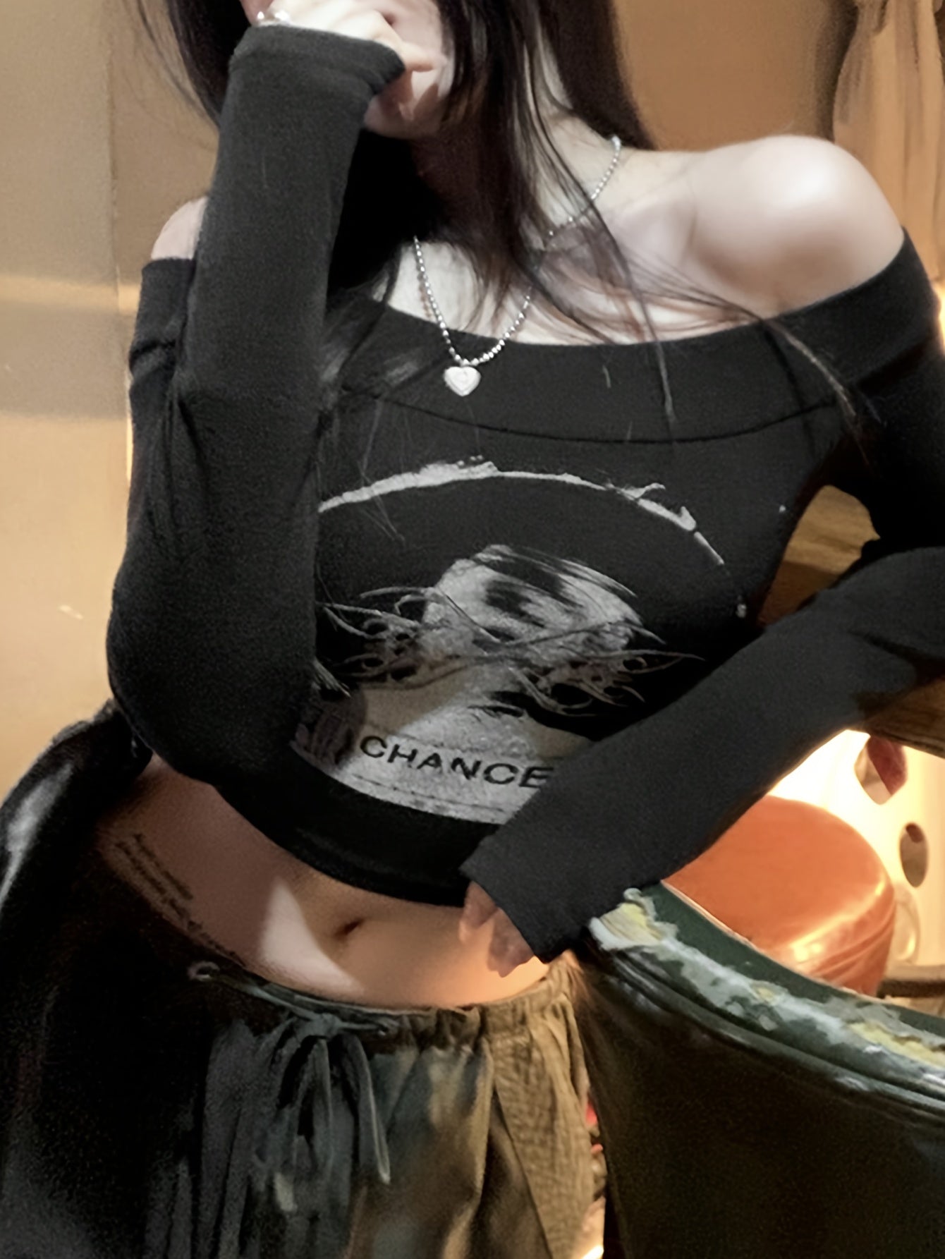 BXOXO Y2K Off Shoulder Long Sleeve Slim Crop Graphic Print T-shirt - Women's Clothing