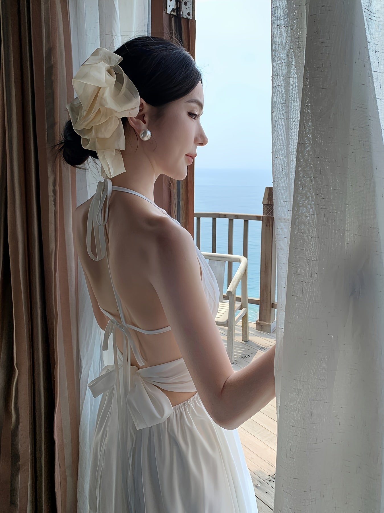 BXOXO Elegant Off-Shoulder Halter Neck Backless Long Dress with Lace Detail - Sleeveless, Tiered Skirt Design for Women, Perfect for Summer Beach Vacations, Beach Vacation Dress | Halter Neck Gown | Lace Detailing