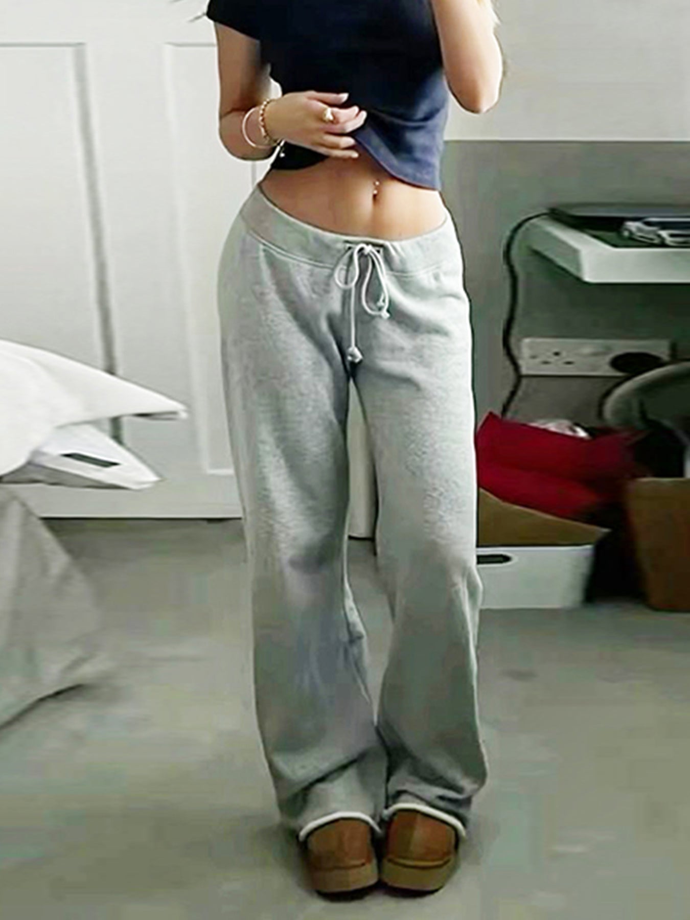 BXOXO - summer inspo Pockets Drawstring High Waist Casual Loose Sweatpants For Women Gray Solid Basic Simple Straight Leg Pants Jogging Trousers