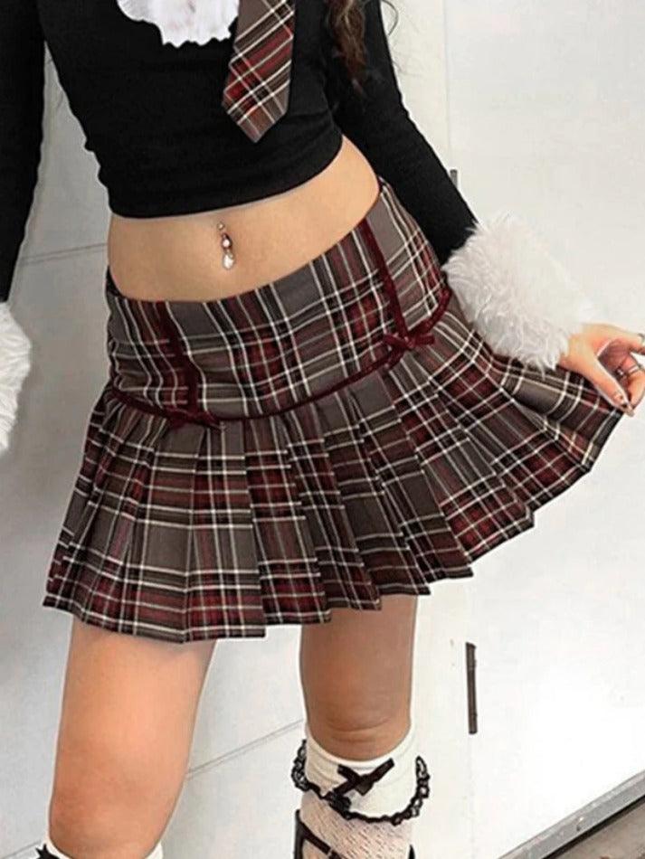 Vintage Plaid Print Bow Decor Pleated Low Rise Mini Skirt