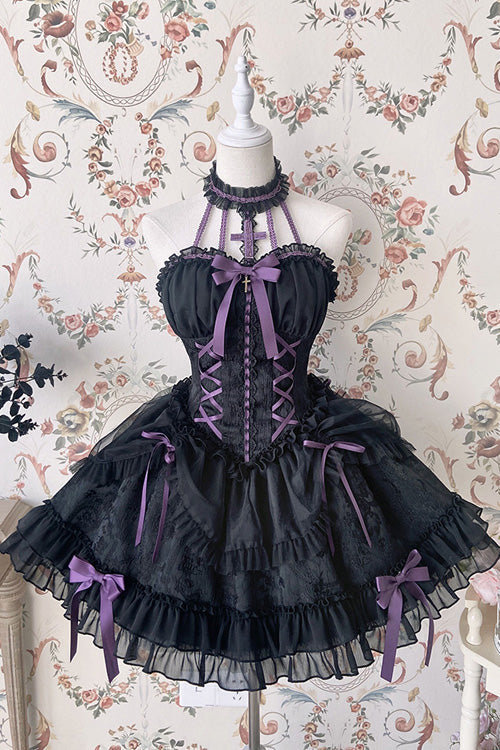 BXOXO - Black Purple Tube Top Sleeveless Blowknot Ruffled Gothic Lolita Tiered Dress