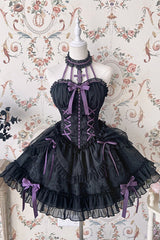 BXOXO - Black Purple Tube Top Sleeveless Blowknot Ruffled Gothic Lolita Tiered Dress