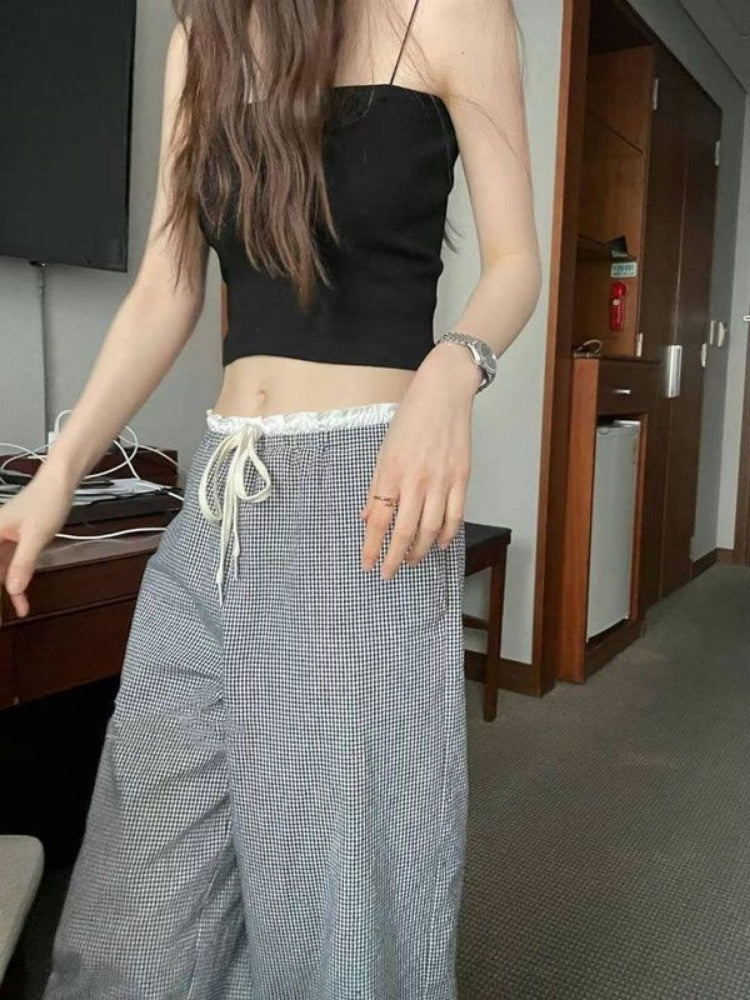 BXOXO Vintage Y2k Women Plaid Pants Harajuku Sweet Lace Wide Leg Straight Pants Preppy Korean Style Checked Trousers Retro