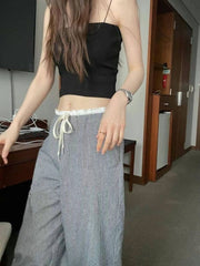 BXOXO Vintage Y2k Women Plaid Pants Harajuku Sweet Lace Wide Leg Straight Pants Preppy Korean Style Checked Trousers Retro