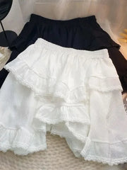 BXOXO White Irregular Ruffles Skirt Women Mini Skirts Kawaii Japanese Style Sweet Patchwork Elegant Casual Black Short Skirt