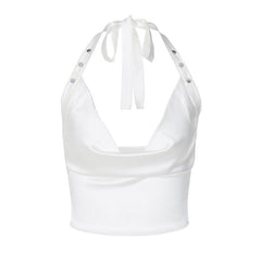 Alluring Solid Color Cowl Neck Studded Halter Crop Top - White