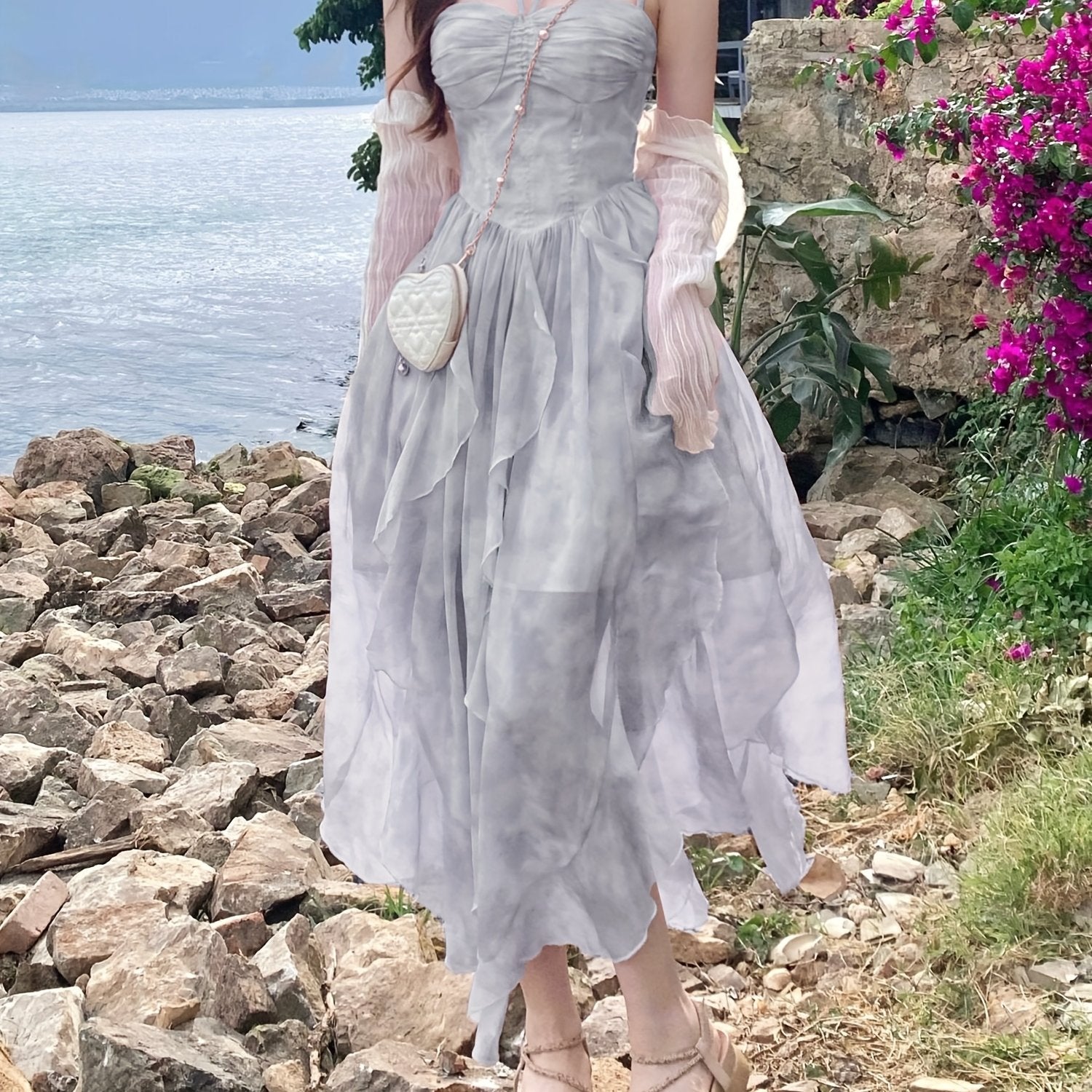 BXOXO [French Style] Cherry Blossom Pink Tie-Dye Suspender Dress - French Style, Gradient Dyeing, Floral Irregular Hem - Women's Summer Vacation Long Dress