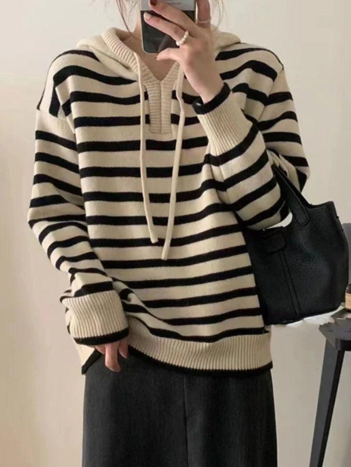 Vintage Contrast Color Striped Hooded Knit Sweater