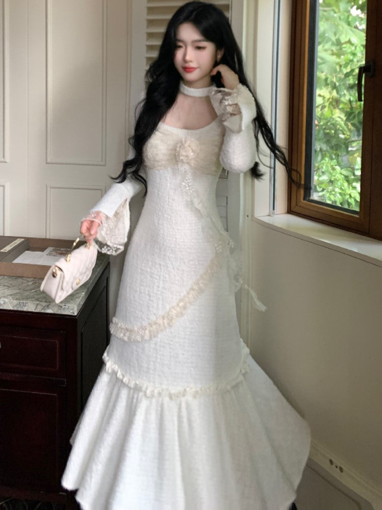BXOXO party look inspos Elegant Floral Womens Dresses Flare Sleeves Lace Patchwork Birthday Party Dress Autumn Winter Female One Piece Vestidos Robe New
