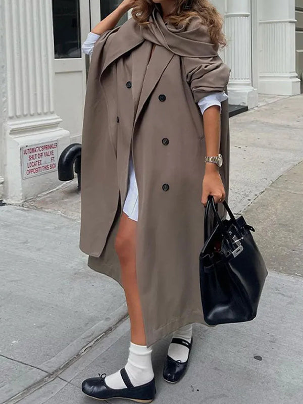 BXOXO Long Sleeves Loose Buttoned Pockets Solid Color Split-Joint Notched Collar Outerwear Trench Coats