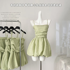 BXOXO - summer inspo Sexy Green Floral Dress Party Vacation Basic Daily Mini Dress Causual Korean Fashion Sling Dress Summer Women Clothes