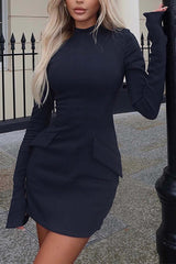 BXOXO - Solid Color Mock Neck Bell Sleeve Dress