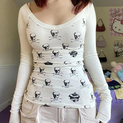 BXOXO Punk Sexy Long sleeves Winter Skulls T shirts Women Gothic Hot Girl Sweet Tees Clothes Slim 2000s Harajuku White T Shirt Y2k Top