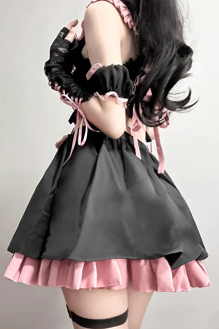 BXOXO - Black/Pink Tie Bow Gothic Sweet Lolita Strapless Skirt Dress 2 Pieces Set