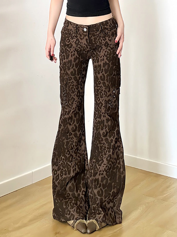 BXOXO - Vintage Leopard Print Multi-Pocket Flared Jeans