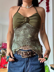 BXOXO - summer inspo Sweetown Retro Forest Green Vintage Print Boho Y2K Camisole Backless Halter Tie Asymmetrical Tops Women Summer Vacation Clothing
