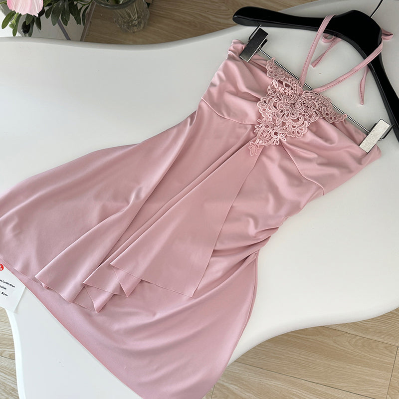 BXOXO - summer inspo Elegant Pink Halter Neck Dress Slimming Bodycon Skirt Women Fashion Design Sense Niche Sleeveless Dress 2025 New