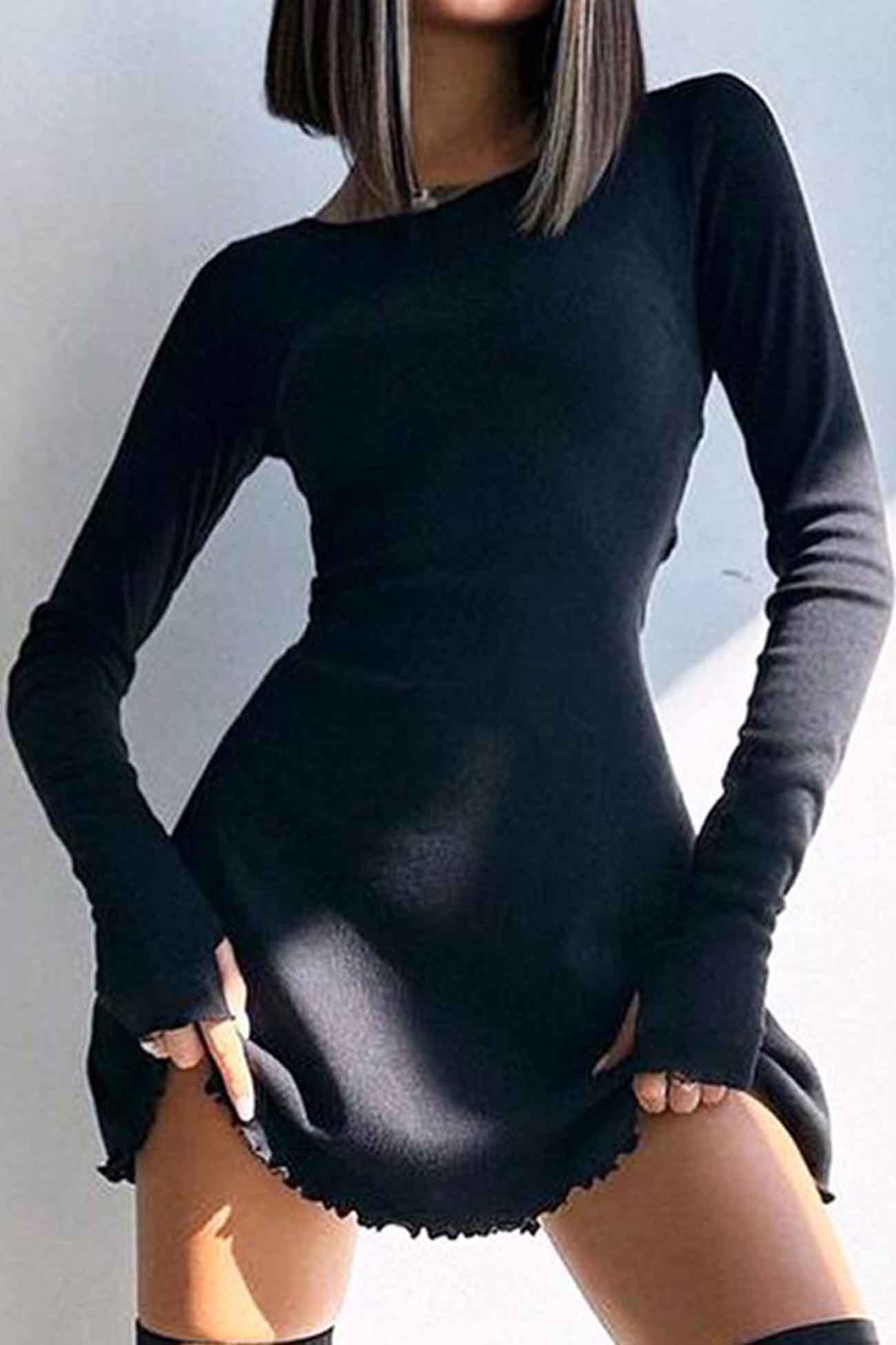 BXOXO - Crew Neck Back Strap Long Sleeve Mini Dress