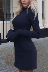 BXOXO - Solid Color Mock Neck Bell Sleeve Dress