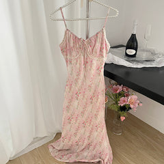 BXOXO - summer inspo 2025 Summer V-Neck Floral Suspender Dresses For Women High Waist Slim Fit Sexy Vintage Printing Dress French Gentle Style