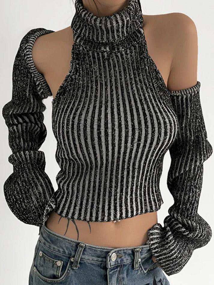 Striped Cutout Backless Tank Top Smock Long Sleeve Knit