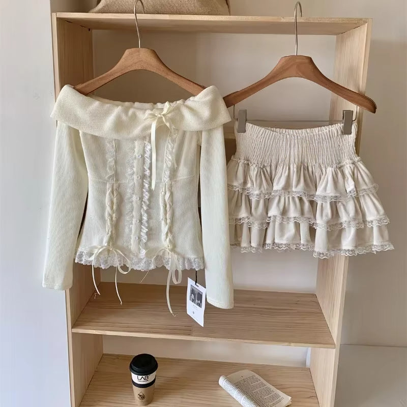 BXOXO Fall Winter Women Korea Kpop Mori Girl 2000s Aesthetic Outfits 2 Piece Set Long Sleeve Off Shoulder Coquette Tops + Mini Skirt