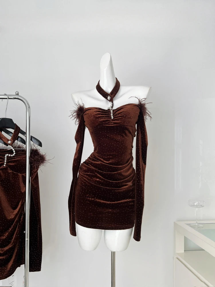 BXOXO Korea Elegant Sexy High End Evening Dress Women Plush Neck Halter Backless Bag Hip Mini Dress Female Slim Nightclub Clothing New