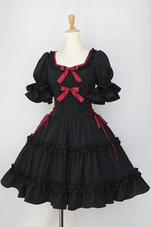 BXOXO Black Square Collar Short Sleeves Bowknot Gothic Lolita Dress