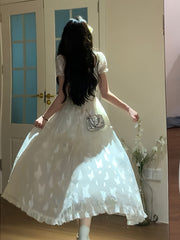 BXOXO [Polyester French Princess Dress] Sexy French Princess Style Polyester Dress - Elegant Asymmetrical Long Dress with Geometric Pattern, Lantern Short Sleeves, and Cardigan Collar for Women - Summer Irregular Hem