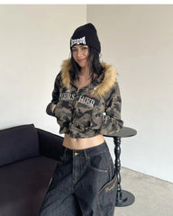 BXOXO Harajuku Zip Up Hoodie camouflage Long Sleeves Tops American Vintage Hoody Harajuku Kpop Punk Coats Top Women Y2k Grunge Hoodies