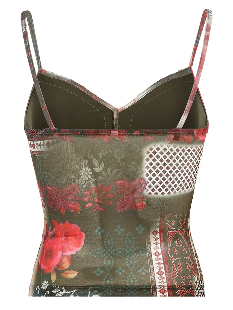 BXOXO - summer inspo Plant And Floral Print Vintage Y2K Aesthetic Mesh Camisole Women Tie Lace Trim Cute Kawaii Clothes