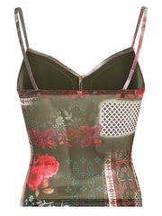 BXOXO - summer inspo Plant And Floral Print Vintage Y2K Aesthetic Mesh Camisole Women Tie Lace Trim Cute Kawaii Clothes