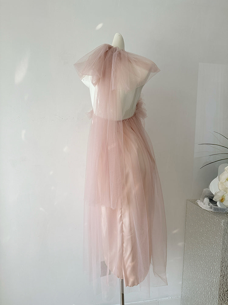 BXOXO - summer inspo Summer Women Halter Mesh Bandage Long Dresses New Elegant Sleeveless Backless Robe Fashion Slim Ruffles Fairy Sundress