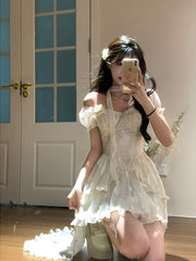 BXOXO [Polyester French Princess Dress] Sexy French Princess Style Polyester Dress - Elegant Asymmetrical Long Dress with Geometric Pattern, Lantern Short Sleeves, and Cardigan Collar for Women - Summer Irregular Hem