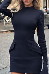 BXOXO - Solid Color Mock Neck Bell Sleeve Dress