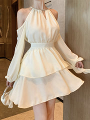 BXOXO [Elegant Off-Shoulder Dress] Elegant Off-Shoulder Ruffle Dress - Semi-Sheer, High Waist, Pleated Skirt, Polyester - Spring/Fall Fashion, Princess Sleeve