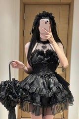 BXOXO Black Halterneck Triple-Layered Bowknot Lace Gothic Lolita Jsk Dress