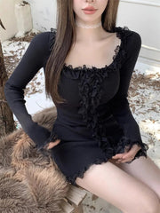 BXOXO Y2k Dress Women Clothing Kpop Lace Long sleeves Party Dresses High waist Korea Sweet Girl Mini Dressees Harajuku Sexys Dress