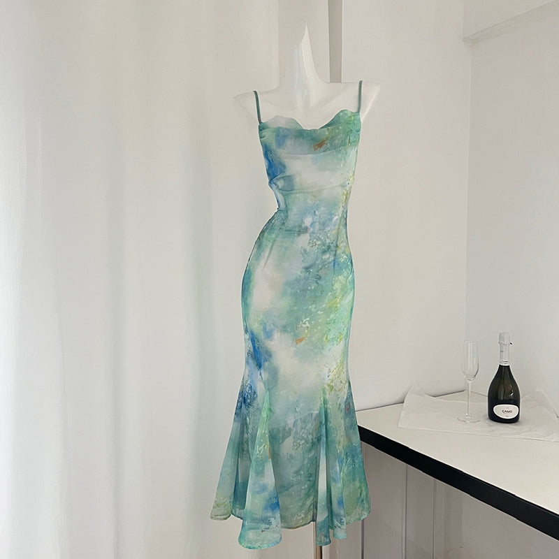 BXOXO - summer inspo Fashion Tie Dyed Printed Suspender Dress for Women Spring Summer Swing Collar Mermaid Dress Vintage Wrapped Fishtail Long Dress
