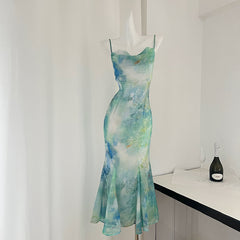 BXOXO - summer inspo Fashion Tie Dyed Printed Suspender Dress for Women Spring Summer Swing Collar Mermaid Dress Vintage Wrapped Fishtail Long Dress