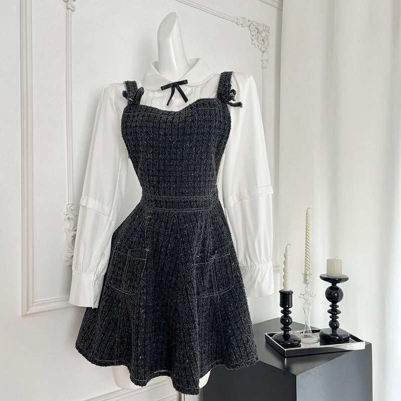 BXOXO - summer inspo Elegant Retro Preppy Style Suit Women Gentle Long Sleeve Shirt + Suspender Skirt Two Piece Set Fashion Outfits