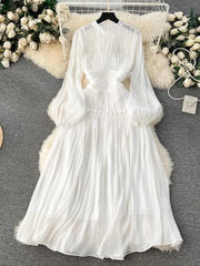 BXOXO French Luxury Folds Wedding Formal Occasion Dress Women Stand Puff Sleeve Chic Pleated Dress Female Shine Robe Clothes Holiday